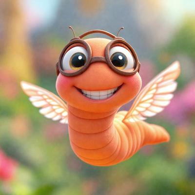 The primary subject of the image is a cartoon-like orange caterpillar with glasses on its face, smiling and flying through the air. The setting is a garden with a variety of flowers, including pink flowers, which are scattered throughout the scene. The visual style is a digital illustration, giving the image a whimsical and playful appearance. The dominant colors are orange and pink, creating a cheerful and lively atmosphere.